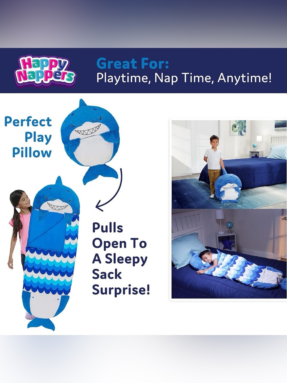 New “Happy Nappers” Large Sleep Sack~Blue Shark 66”x30” - Picture 3 of 11